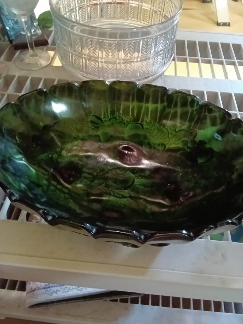Vintage Green Glass Fruit Bowl with Embossed Design